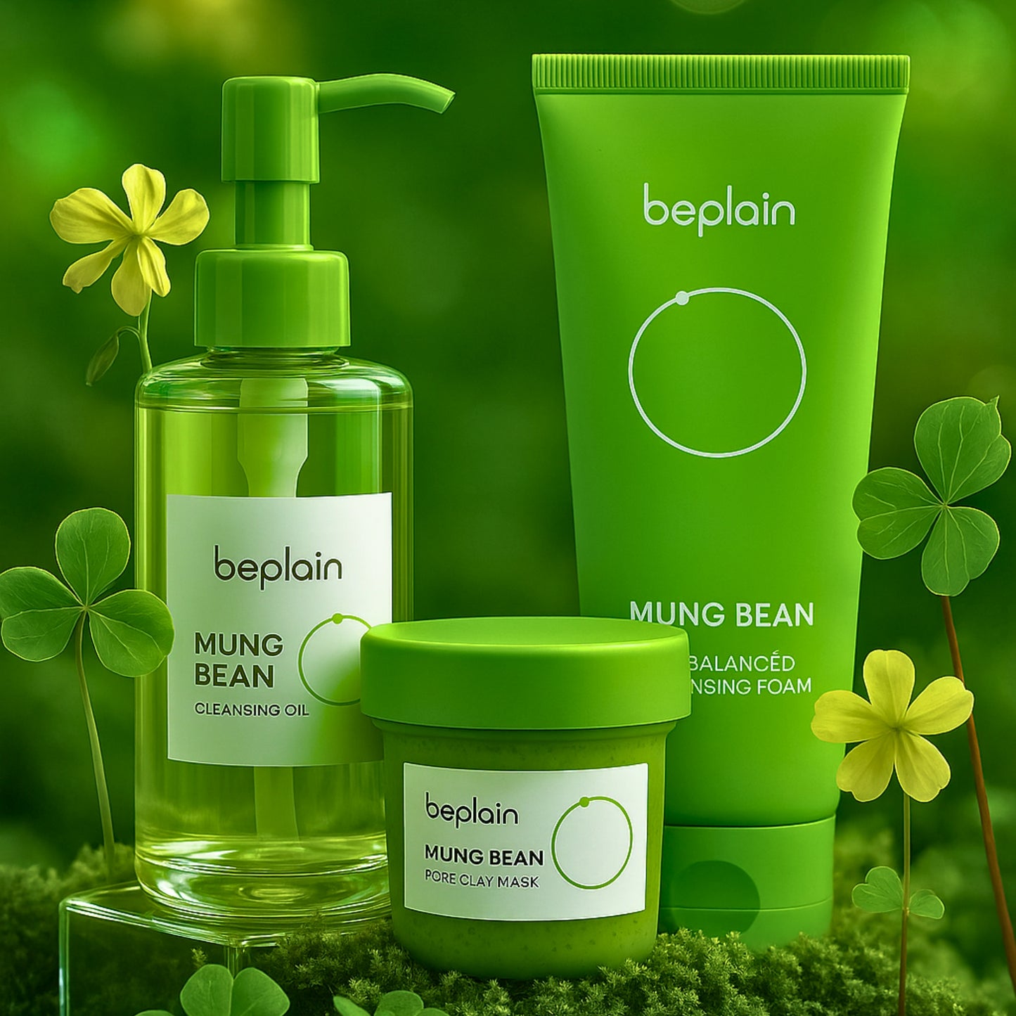 This luxurious Korean Mung Bean Complete Cleansing Set is displayed in a vibrant, nature-inspired scene that highlights its clean-beauty purity and premium botanical origins. The radiant Mung Bean Cleansing Oil stands on the left with a golden-green glow, while the pH-balanced Mung Bean Cleansing Foam rises tall beside it, embodying advanced Korean deep-cleansing innovation. In front, the rich Mung Bean Pore Clay Mask showcases its detoxifying green texture. Modern Korean Skincare, acne fighter.
