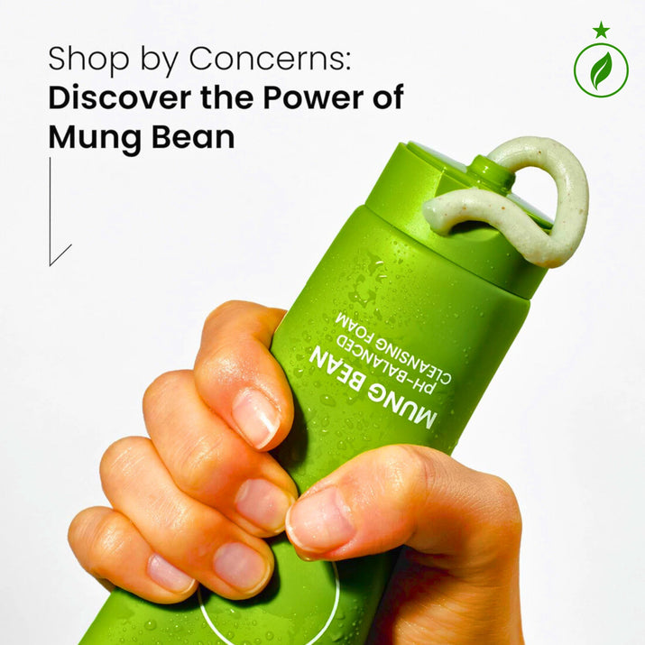 This luxurious Korean Mung Bean Complete Cleansing Set is displayed in a vibrant, nature-inspired scene that highlights its clean-beauty purity and premium botanical origins. The radiant Mung Bean Cleansing Oil stands on the left with a golden-green glow, while the pH-balanced Mung Bean Cleansing Foam rises tall beside it, embodying advanced Korean deep-cleansing innovation. In front, the rich Mung Bean Pore Clay Mask showcases its detoxifying green texture. Modern Korean Skincare, acne fighter.