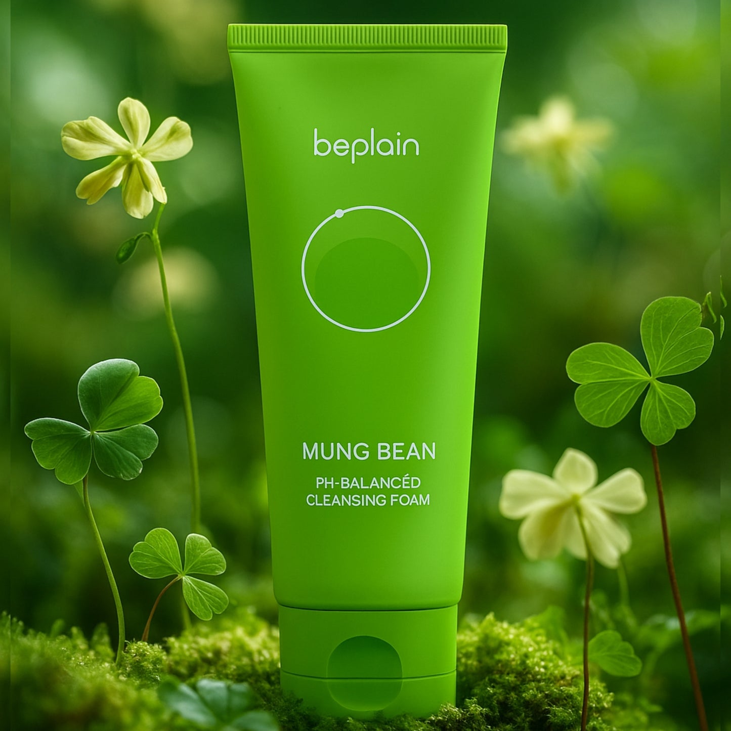 This luxurious Korean Mung Bean Complete Cleansing Set is displayed in a vibrant, nature-inspired scene that highlights its clean-beauty purity and premium botanical origins. The radiant Mung Bean Cleansing Oil stands on the left with a golden-green glow, while the pH-balanced Mung Bean Cleansing Foam rises tall beside it, embodying advanced Korean deep-cleansing innovation. In front, the rich Mung Bean Pore Clay Mask showcases its detoxifying green texture. Modern Korean Skincare, acne fighter.