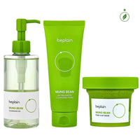 This luxurious Korean Mung Bean Complete Cleansing Set is displayed in a vibrant, nature-inspired scene that highlights its clean-beauty purity and premium botanical origins. The radiant Mung Bean Cleansing Oil stands on the left with a golden-green glow, while the pH-balanced Mung Bean Cleansing Foam rises tall beside it, embodying advanced Korean deep-cleansing innovation. In front, the rich Mung Bean Pore Clay Mask showcases its detoxifying green texture. Modern Korean Skincare, acne fighter.