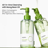 This luxurious Korean Mung Bean Complete Cleansing Set is displayed in a vibrant, nature-inspired scene that highlights its clean-beauty purity and premium botanical origins. The radiant Mung Bean Cleansing Oil stands on the left with a golden-green glow, while the pH-balanced Mung Bean Cleansing Foam rises tall beside it, embodying advanced Korean deep-cleansing innovation. In front, the rich Mung Bean Pore Clay Mask showcases its detoxifying green texture. Modern Korean Skincare, acne fighter.