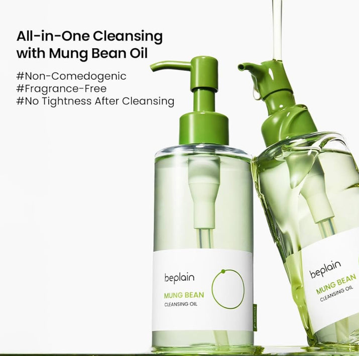 This luxurious Korean Mung Bean Complete Cleansing Set is displayed in a vibrant, nature-inspired scene that highlights its clean-beauty purity and premium botanical origins. The radiant Mung Bean Cleansing Oil stands on the left with a golden-green glow, while the pH-balanced Mung Bean Cleansing Foam rises tall beside it, embodying advanced Korean deep-cleansing innovation. In front, the rich Mung Bean Pore Clay Mask showcases its detoxifying green texture. Modern Korean Skincare, acne fighter.